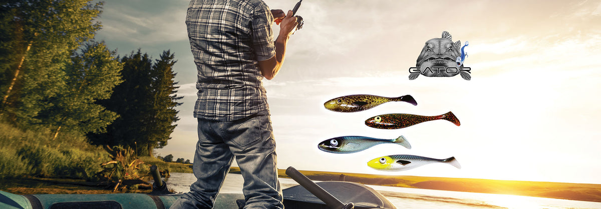 A man on a boat fishing with Gator Lures, a soft plastic paddle tail lure for pike fishing, musky and other big predator species