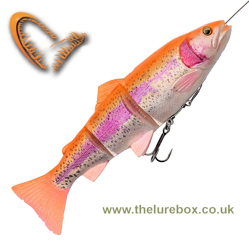 A really realistic 3d scanned imitation of a real rainbow trout, but this one is bright orange to stand out from the pack. With it's soft segmented body it moves really nicely in the water like a real fish. The trace passes through the body making the line through system that is great at stopping fish shaking the hook. Natural colours and added scent.