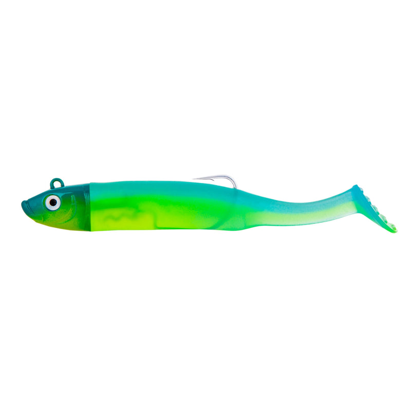 A great looking soft plastic paddle tail bass lure, 10cm long with a hidden offset hook to make it weedless. Great sandeel immitation for bass fishing and other species in fresh water, like perch pike and zander.