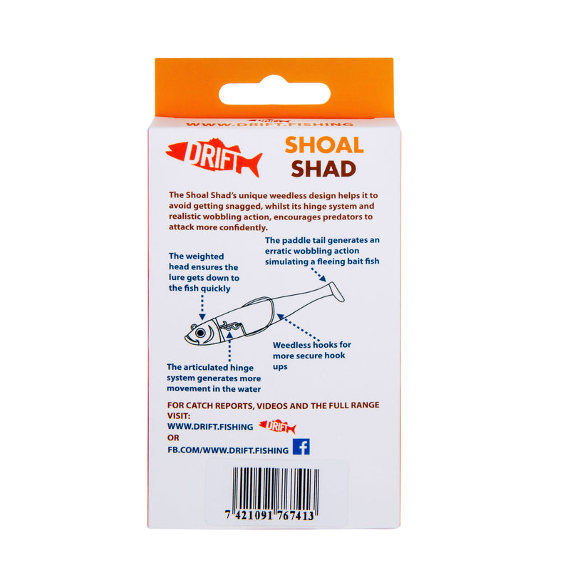 Cardboard packaging of the Drift Shoal Shad with a handy diagram to show how the fishing lure is made up excellent for bass, but also perch, pike and zander amongst other fresh and salt water predatory fish. 